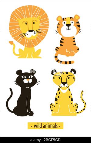 Flat illustration with a wild African cats. Cute lion, tiger, panther, leopard. Stock Vector