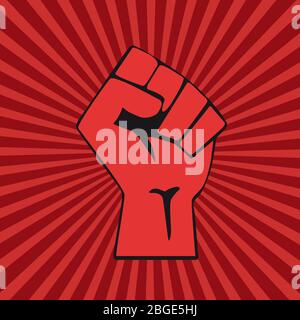 Vector raised hand.Concept of revolution or protest. Closed fist on red background Stock Vector