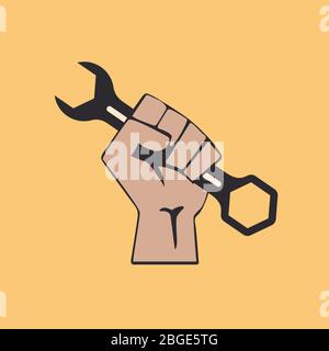 A clenched fist holding a repair tool. Vector illustration. Concept of strike or protest of workers. Stock Vector