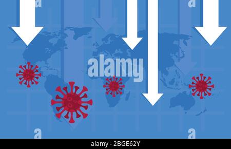 economy and covid19 statistics with arrows in earth maps Stock Vector