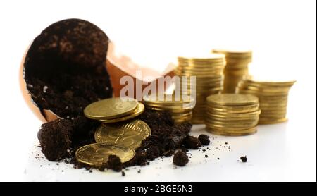 Coins and eggshell with soil isolated on white Stock Photo