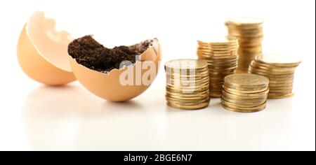 Coins and eggshell with soil isolated on white Stock Photo