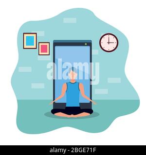 man practicing online yoga for quarantine Stock Vector