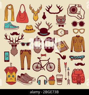 Modern graphic elements in hand drawn style. Fashioned hipsters culture icon set Stock Vector