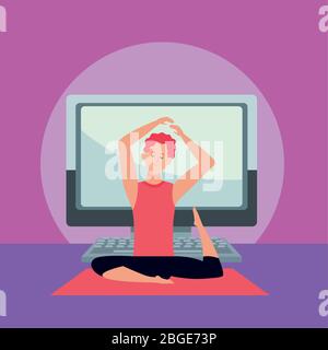 man practicing online yoga for quarantine Stock Vector