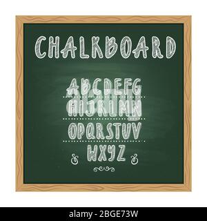 Antique child school chalkboard with green texture and hand writing alphabet on it. Vector doodle writing letters Stock Vector