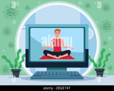 man practicing online yoga for quarantine Stock Vector