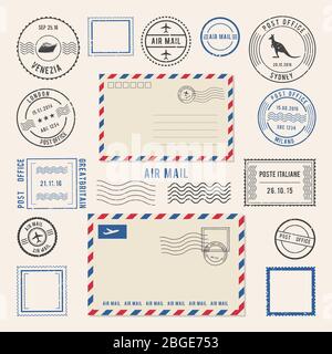 Vector illustrations of letters and postmarks, airmail designs. Antique stamps Stock Vector