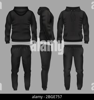 Black man sportswear hoodie and trousers vector mockup isolated. Sportswear with hoodie, male fashion clothes trousers and sweatpants illustration Stock Vector