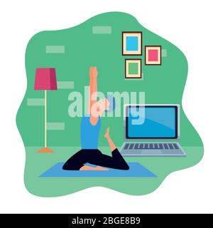 young man practicing online yoga for quarantine Stock Vector