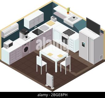 Kitchen interior isometric concept with furniture devices and utensils ...