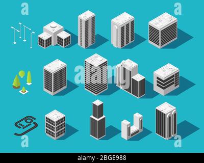 Isometric city 3d building and houses with urban elements vector set. City house building and urban architecture construction illustration Stock Vector