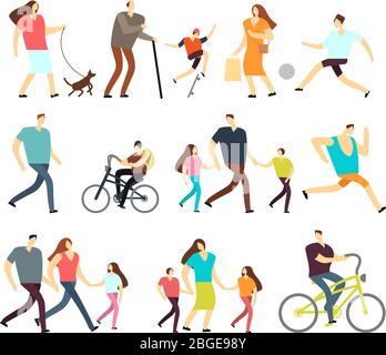 Men and women walking outdoor. Vector cartoon active characters in various lifestyles in street. Woman and man walk with family illustration Stock Vector