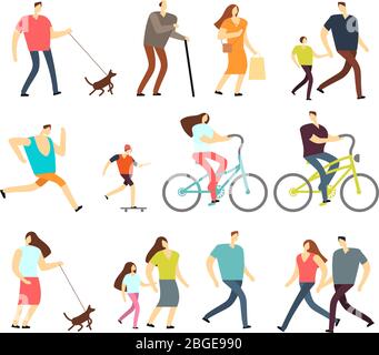 Active people walking, riding bike, running outdoor vector character set. Ride bike and activity lifestyle walking and sport jogging illustration Stock Vector