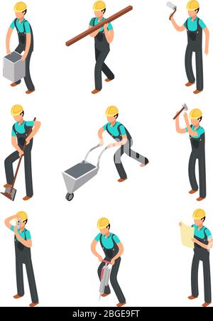 Builder workers, construction professionals isolated 3d people vector set. Worker professional builder, carpenter and workman illustration Stock Vector