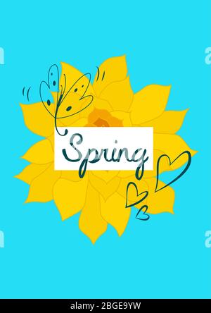 Vertical poster layout template with a big yellow spring flower, a flying butterfly and three hearts. Stock Vector