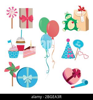 Festive or birthday party different vector elements set. Balloons, hats flags and colored masks. Carnival fun Stock Vector