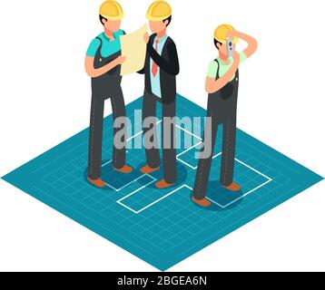 Construction engineers and builders in yellow safety helmets. 3d isometric architect vector concept. Builder in hard helmet, construction isometric illustration Stock Vector