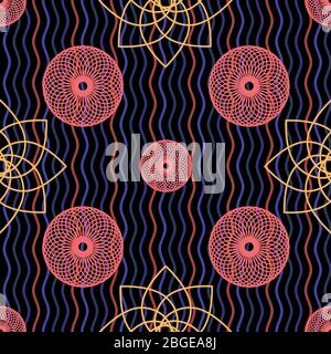 Interweaving circles, flowers and vertical pink waves abstract geometric seamless repeat pattern. Stock Vector