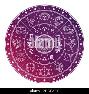 Bright and white astrology horoscope circle with zodiac signs isolated on white background. Vector illustration Stock Vector