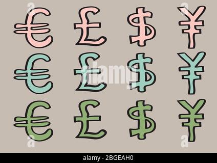 vector illustration of special characters for euro, pound, dollar and yen. Set of cartoon currency signs in three colors isolated on brown background. Stock Vector