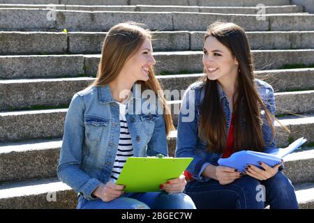 Happy students sitting on stairs in park Stock Photo