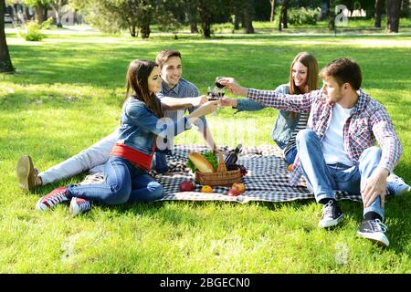 Happy friends on picnic in park Stock Photo