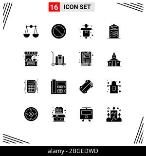 Set of 16 Commercial Solid Glyphs pack for coffee, bar, farming, file, task Editable Vector Design Elements Stock Vector