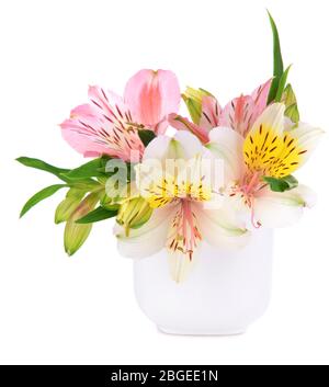 Alstroemeria flowers in vase isolated on white Stock Photo