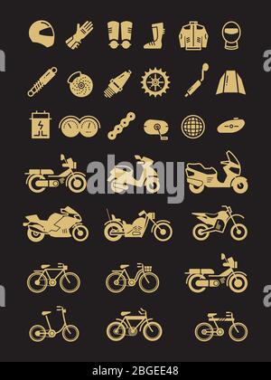 Racing motorcycle, bicycle, motorbike parts and transportation vector icons of set isolated on black illustration Stock Vector