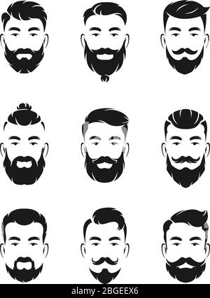 Monochrome avatar systems of hipsters portraits and face elements. Man mustache, beard Stock Vector