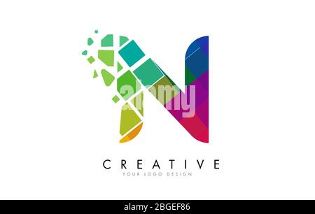 Letter N Design with Rainbow Shattered Blocks Vector Illustration. Pixel art of the N letter logo. Stock Vector