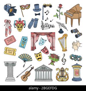 Colored symbols of theatre. Ballet and opera vector icons set isolate Stock Vector