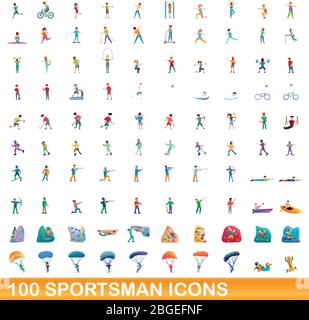 100 sportsman icons set. Cartoon illustration of 100 sportsman icons vector set isolated on white background Stock Vector