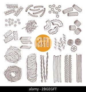 Different types of italian pasta. Hand draw vector illustrations Stock Vector