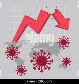economy and covid19 statistics with arrows in earth maps Stock Vector