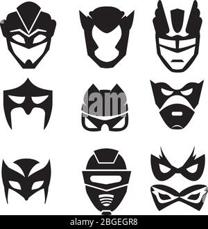 Black silhouette of superheroes masks. Vector monochrome illustrations set isolated Stock Vector