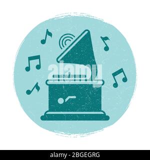 Vintage gramophone music notes emblem with grunge effect. Vector illustration Stock Vector