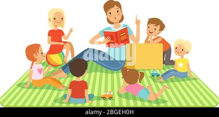 Teacher and kids in big classroom at lesson. Childrens sitting at their dasks. Vector illustrations in cartoon style Stock Vector