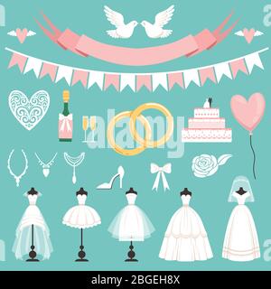 Wedding symbols in cartoon style. Cake, flowers, rings and other elements Stock Vector