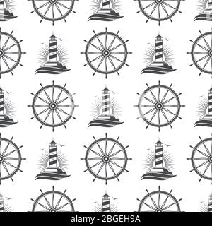 Marine nautical seamless pattern background design with vintage lighthouse and wheel. Vector illustration Stock Vector