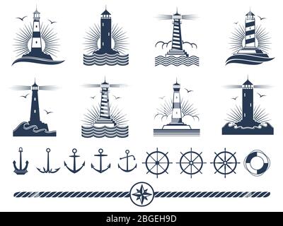 Nautical logos and elements set - anchors lighthouses rope. Vector illustration Stock Vector