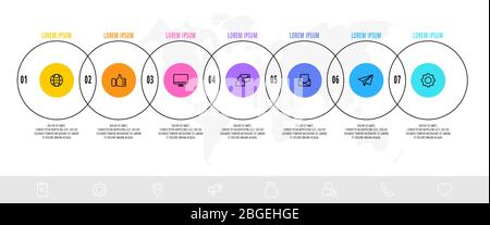 Business diagram with 7 circular elements with arrows. Vector flat concept of seven business options to choose from. Infographics modern design Stock Vector