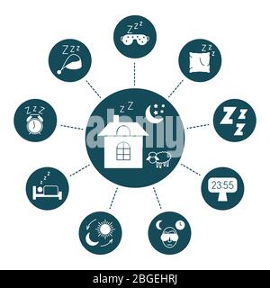 Relax and night rest vector signs. Sleeping icons concept. Sleep and rest bedtime, night dream comfort illustration Stock Vector