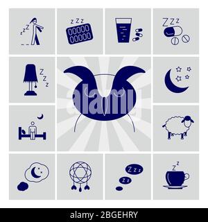 Insomnia problems vector icons set. Asleep night and depression illustration Stock Vector