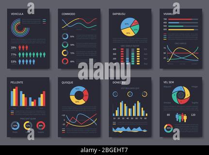 Multipurpose business infographic vector brochure template for presentation. Charts, diagrams and infographics elements on dark pages. Illustration of infographic data, diagram statistic vector Stock Vector