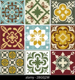 Portuguese tiling vector patterns. Old mediterranean tile prints. Ceramic square arabesque pattern color, mediterranean vintage decor and patchwork illustration Stock Vector
