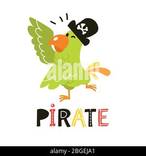 Collection of adorable pirates isolated on white background. Green cute Parrot Stock Vector