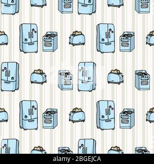 Cute refrigerator and stove seamless vector pattern. Hand drawn kitchen appliance for household domestic technology. Cooking hob and cold fridge all Stock Vector
