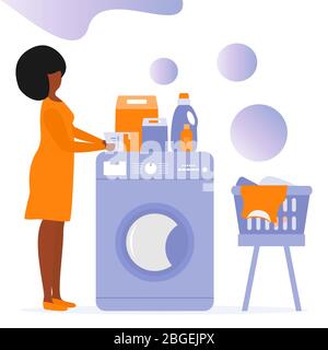 Vector illustration Woman carries wash dirty clothes Washing machine ...